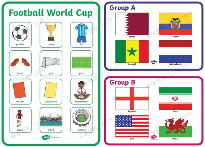 《2022卡塔尔世界杯英文综合素材包》英语练习册词汇涂色PPT动画视频 百度云网盘下载