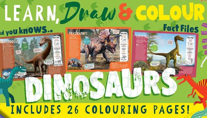 《Learn, Draw Colour Dinosaurs》116页儿童恐龙绘画涂色英文教程书 百度云网盘下载