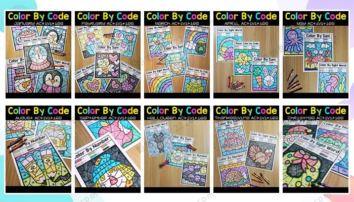 《Color by Code Bundle》10册高频词加减法数字涂色作业纸 百度云网盘下载